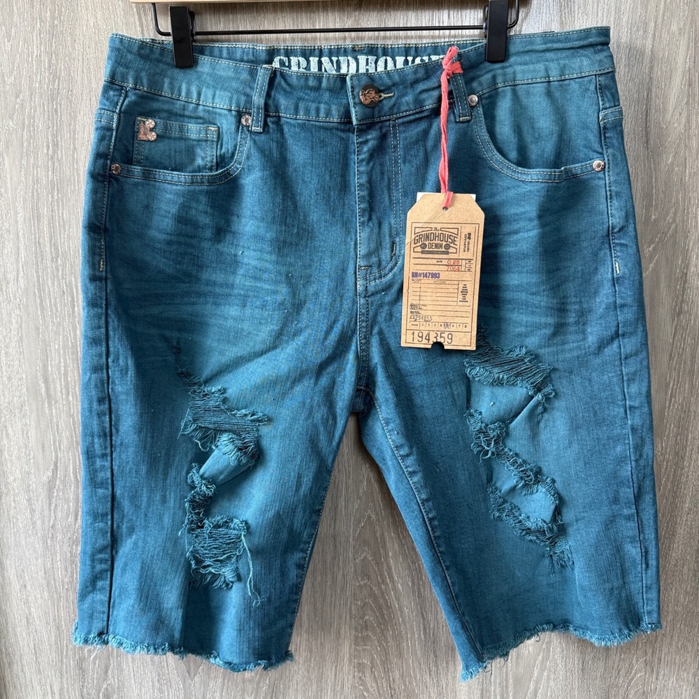 Grindhouse Denim Shorts Mens 34 Blue Distressed Ripped Raw Hem Streetwear Edgy